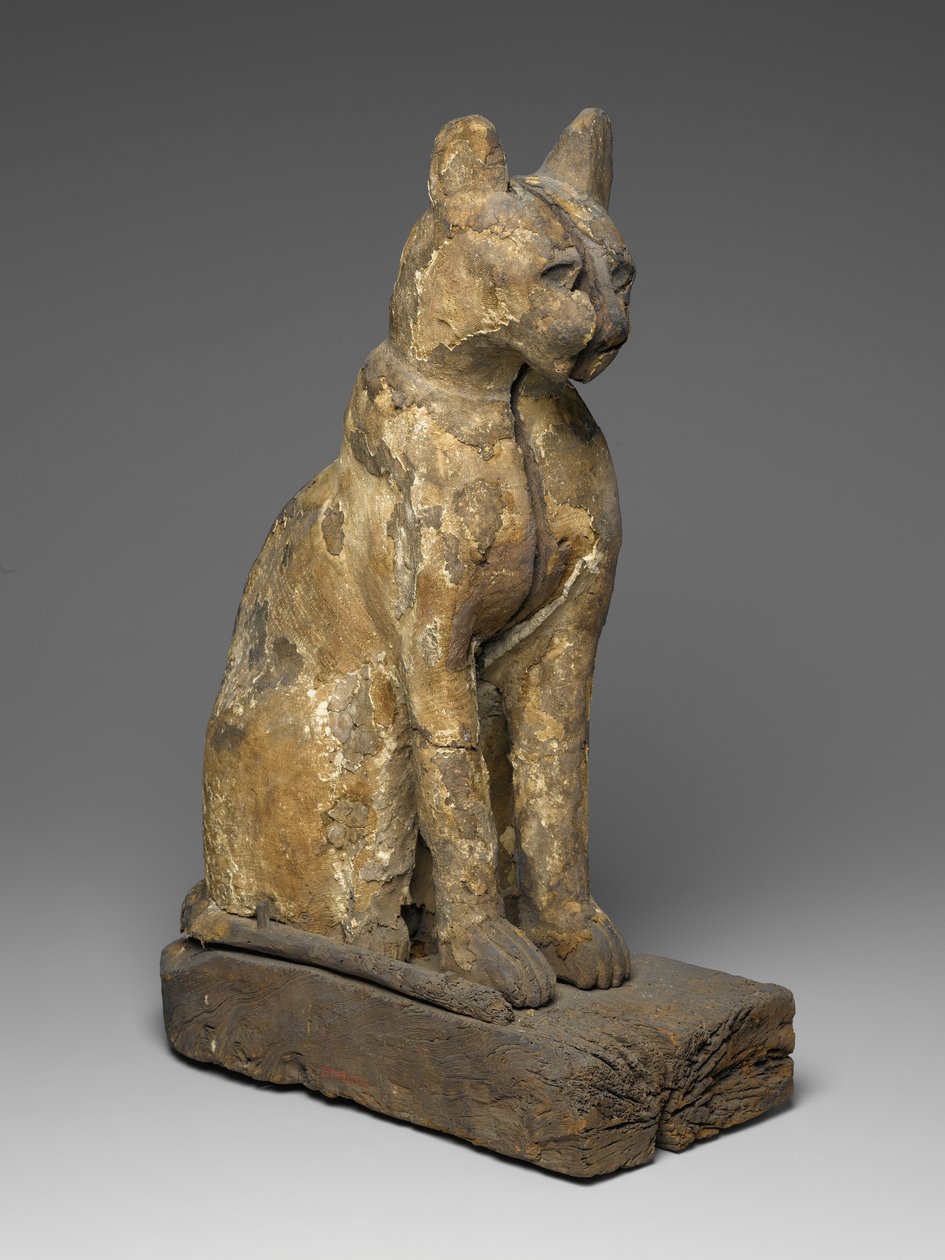 Duża figura kota (drewno, zaprawa i len) autorstwa Egyptian School