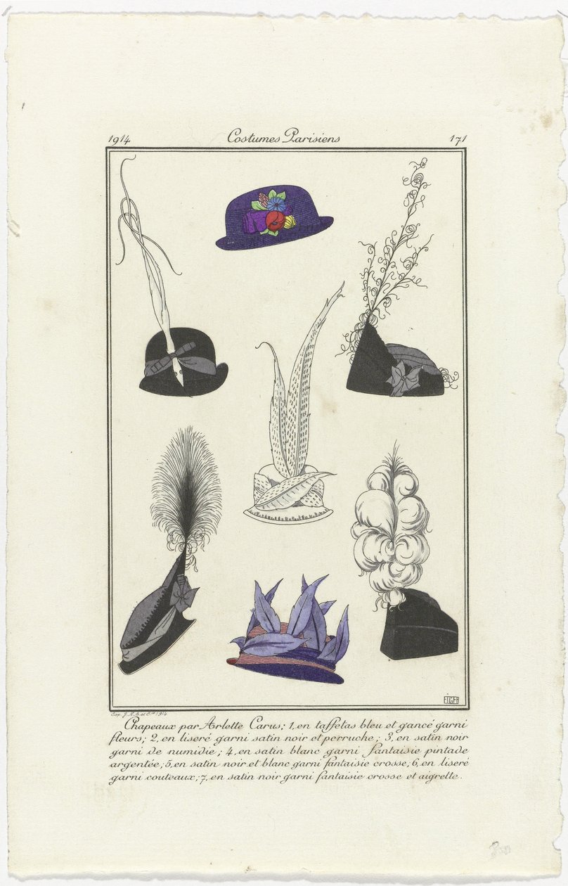 Akcesoria Journal des Dames et des Modes, Costumes Parisiens, 1914, nr 171: Kapelusze Arletta (...) autorstwa Eiger