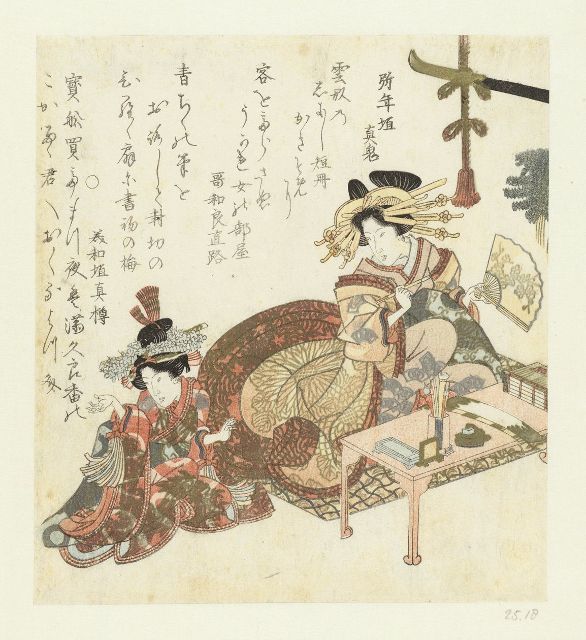 Kurtyzana pisze na wentylatorze Wiersze piszące oiran ze sługą autorstwa Eisen (school) (attributed to)