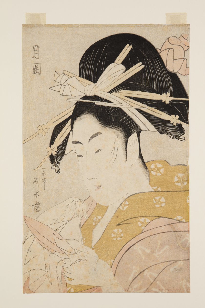 Kurtyzana Tsukioka z Hyogo Establishment (kolorowy drzeworyt) autorstwa Eisui Ichirakutei