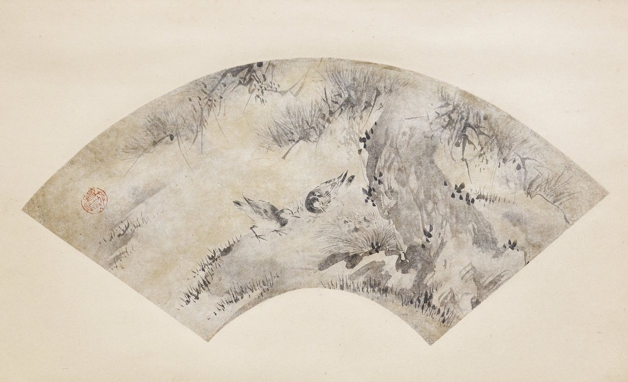 Ptaki i sosna, około 1570-1590 (tusz i złoto na papierze) autorstwa Eitoku Kano