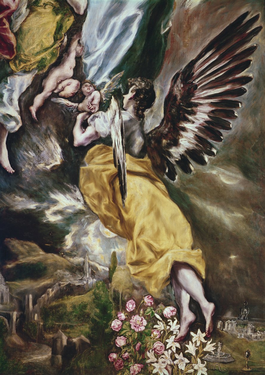 Niepokalane Poczęcie (szczegół anioła, kwiatów, atrybutów maryjnych i Toledo) 1607-13 (patrz także 90015) autorstwa El Greco