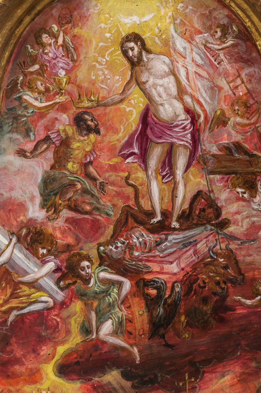 Ołtarz przenośny: centralny panel przedstawiający alegorię chrześcijańskiego rycerza, fragment 2384586 (tempera grassa na panelu) autorstwa El Greco