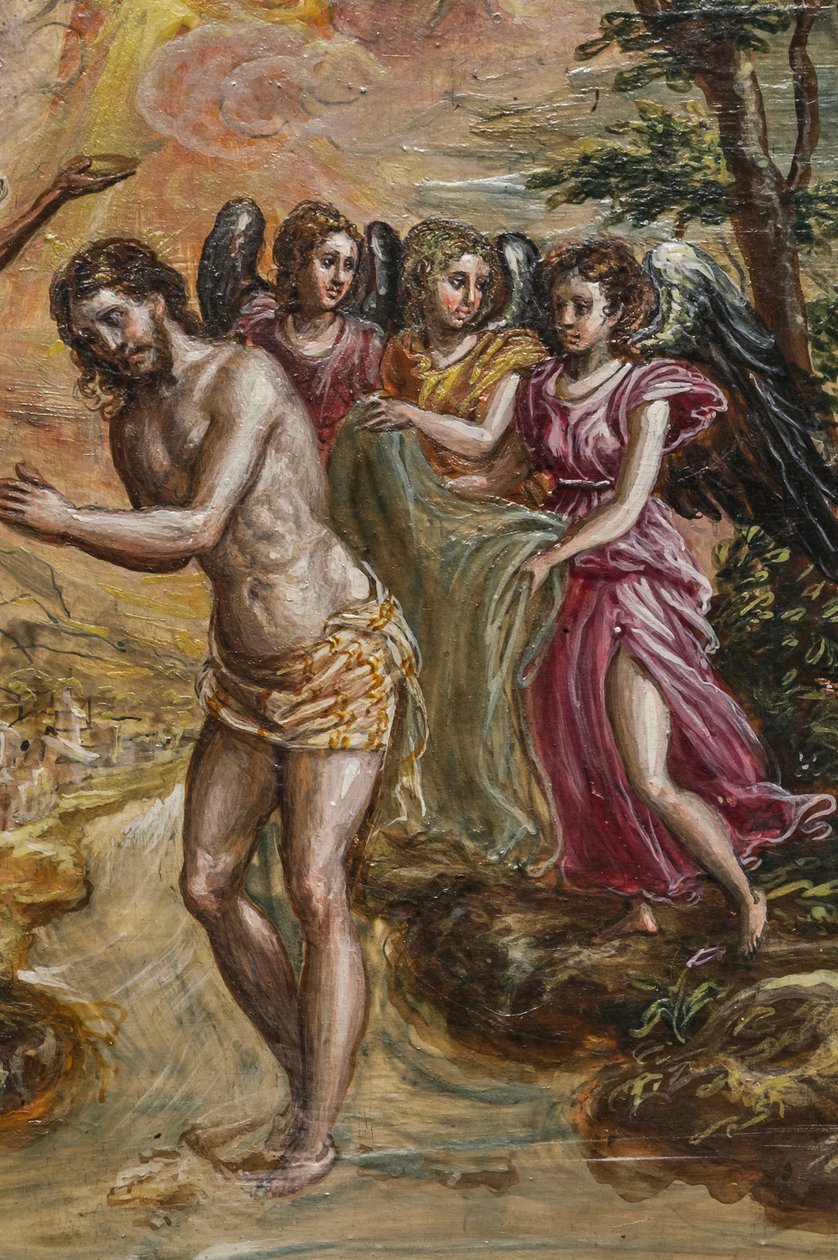 Ołtarz przenośny: fragment panelu drzwi prawych przedstawiający Chrzest Chrystusa (na panelu tempera grassa) autorstwa El Greco