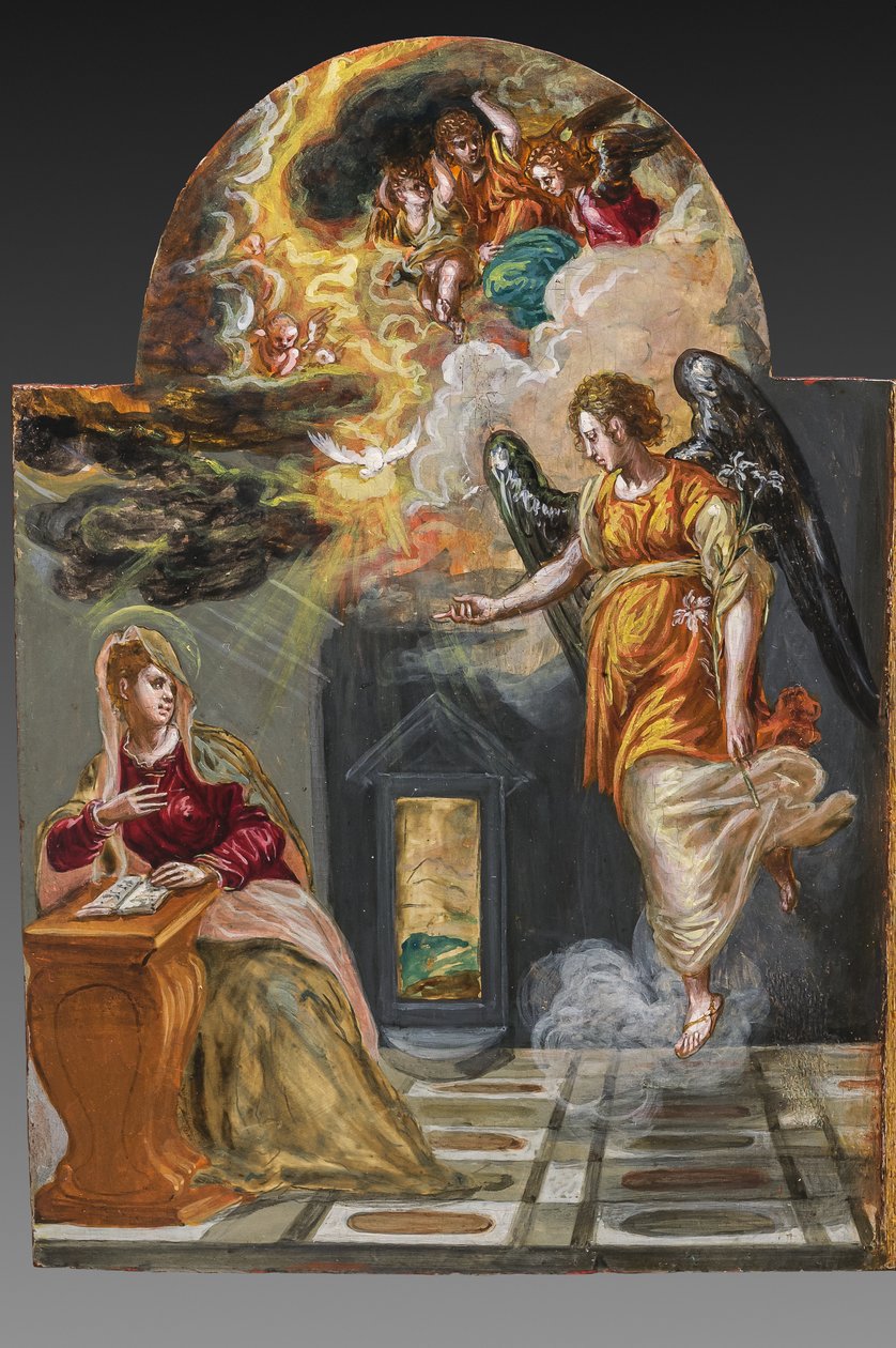 Ołtarz przenośny, panel drzwi lewych z tyłu: Zwiastowanie, detal 2384587 (tempera grassa na panelu) autorstwa El Greco