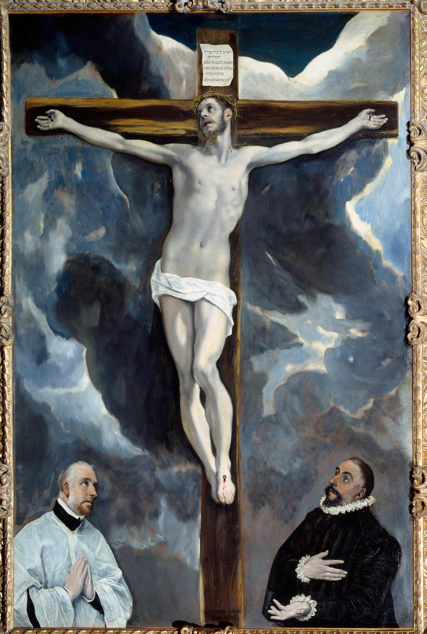 Oddawanie czci Chrystusowi na krzyżu przez obu darczyńców Obraz Theotokopoulosa Domenico dit El Greco (1541-1614) 1576 nd. 2,6x1,71 m² autorstwa El Greco