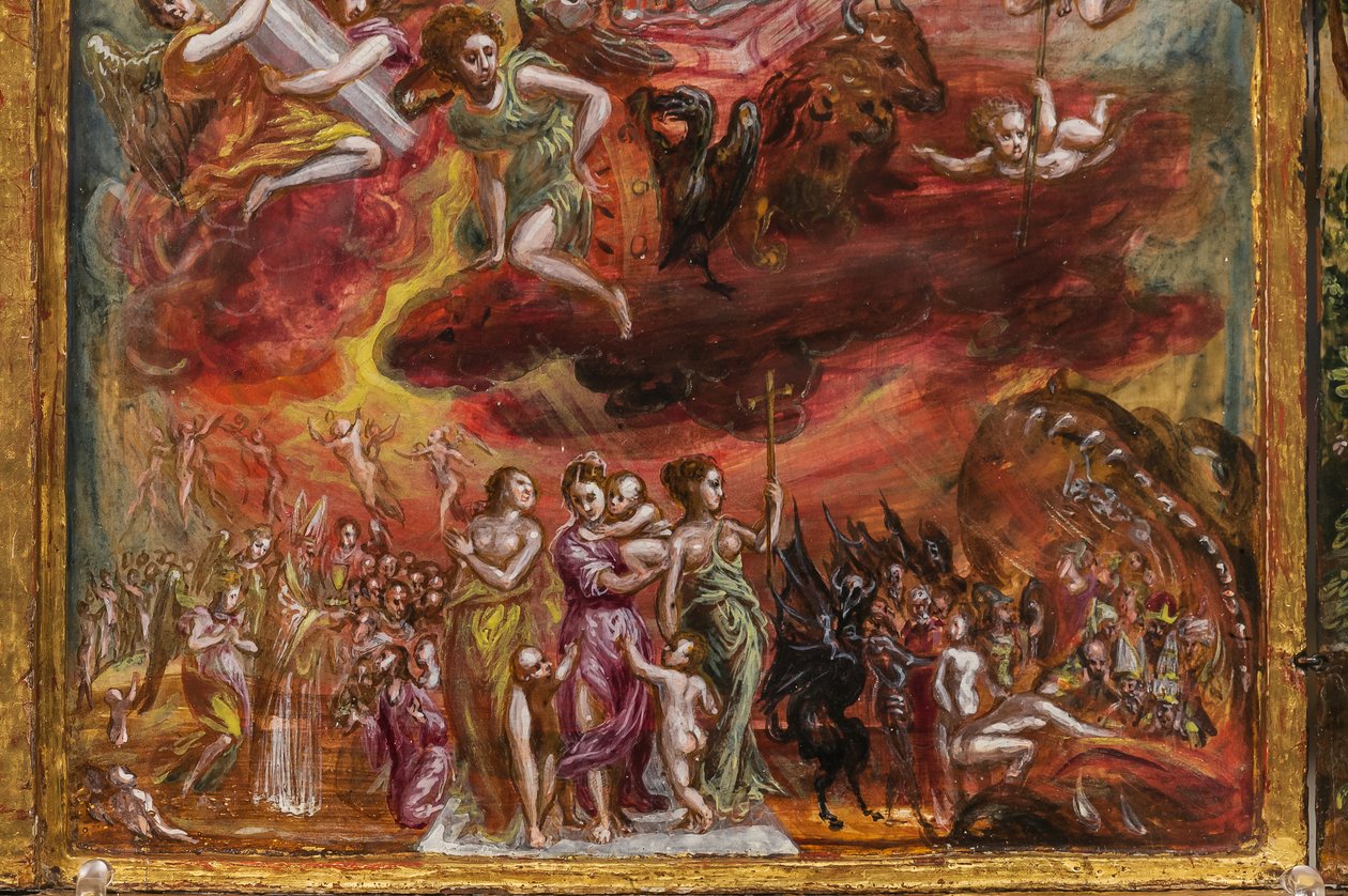 Ołtarz przenośny: centralny panel przedstawiający alegorię chrześcijańskiego rycerza, fragment 2384586 (tempera grassa na panelu) autorstwa El Greco