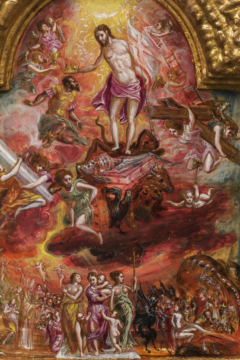 Ołtarz przenośny: centralny panel przedstawiający alegorię chrześcijańskiego rycerza, fragment 2384586 (tempera grassa na panelu) autorstwa El Greco