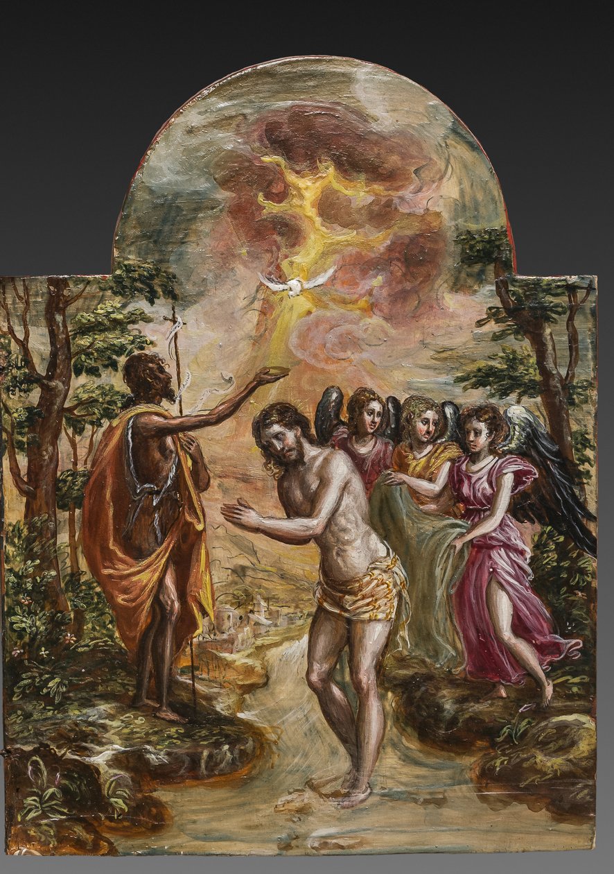 Ołtarz przenośny: panel drzwi prawych przedstawiający Chrzest Chrystusa, fragment 2384586 (tempera grassa na panelu) autorstwa El Greco
