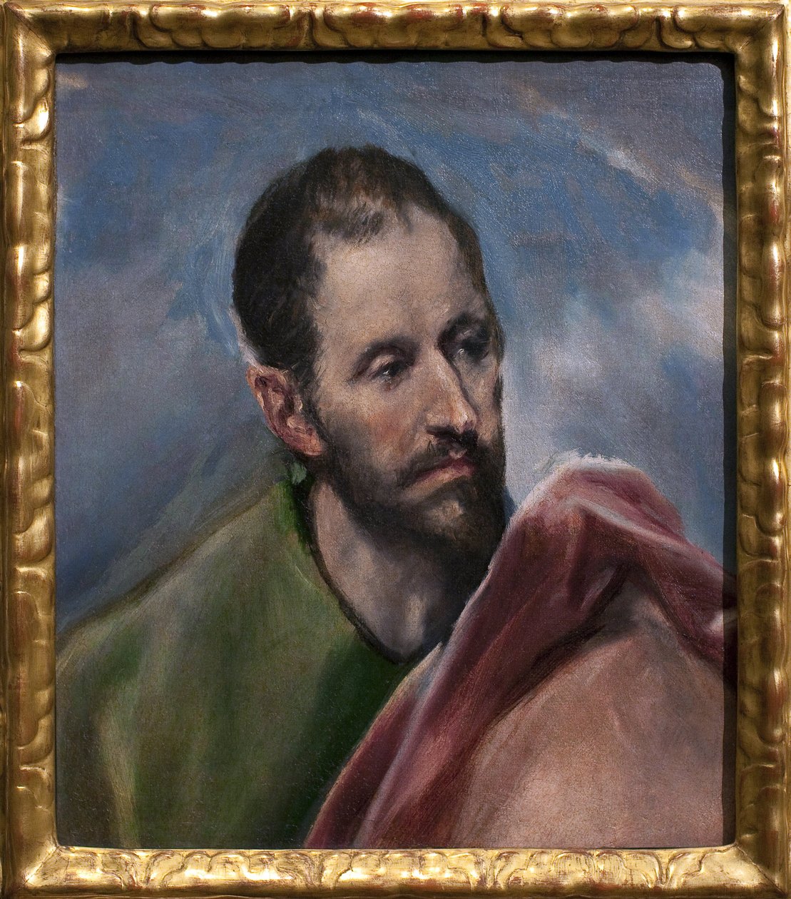 Studiuj głowę mężczyzny. Święty Jakub Mniejszy (Jakub z Alphee, apostoł Jezusa). Obraz Domenikos Theokopoulosa dit El Greco (1541-1614), olej na płótnie, około 1580-1585. sztuka hiszpańska autorstwa El Greco