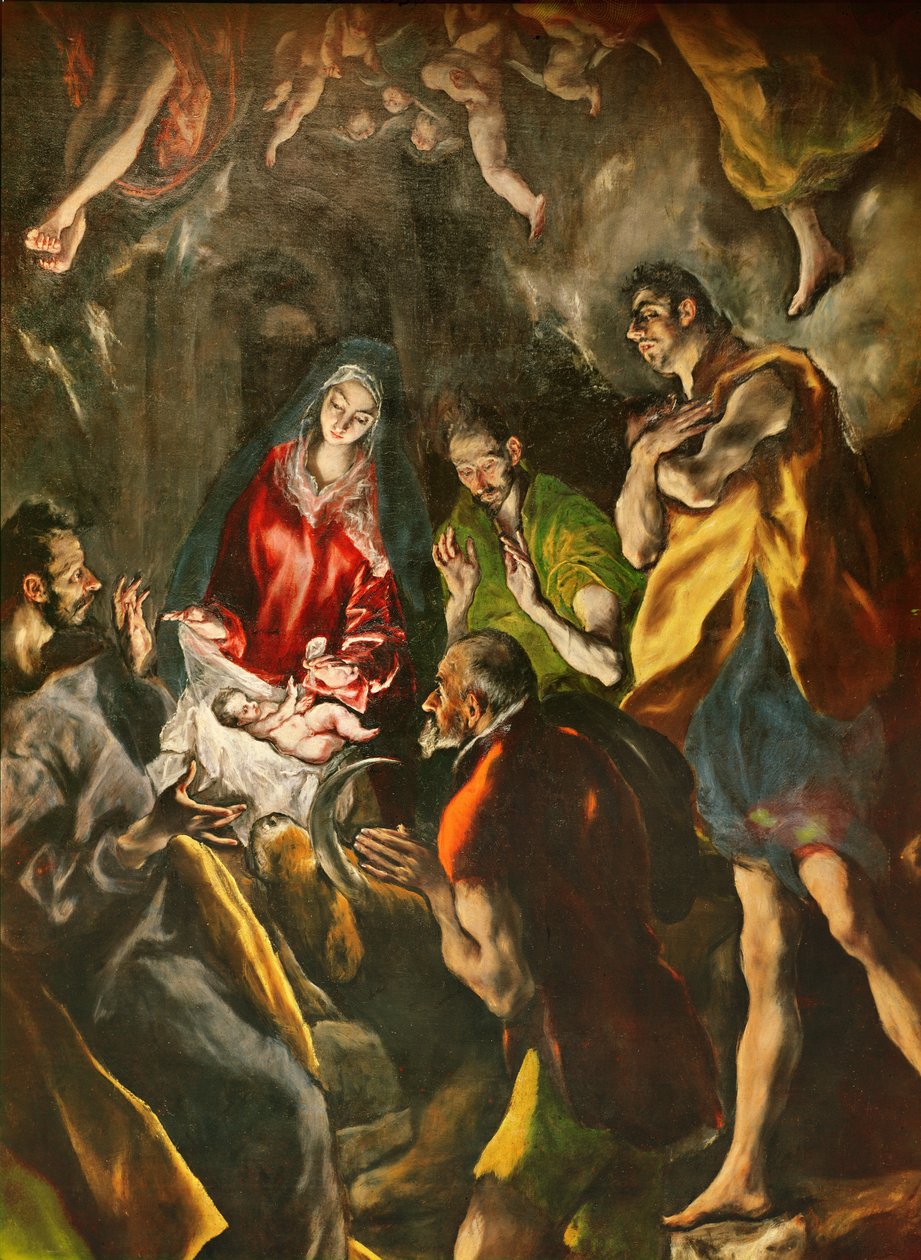 Adoracja pasterzy (szczegół pasterzy skupionych wokół dziecka), 1603-14 (olej na płótnie) autorstwa El Greco