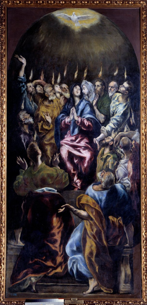 Obraz Zesłania Ducha Świętego autorstwa Domenikos Theotokopoulosa dit El Greco (1541-1614) XVII w. Ndz. 2,75x1,27 m Madryt, Muzeum Prado - Pięćdziesiątnica. Obraz Domenikos Theotokopoulosa znany jako El Greco (1541-1614) autorstwa El Greco