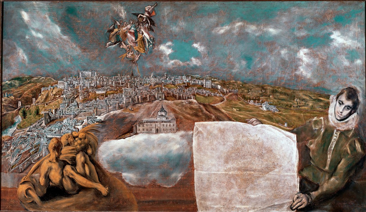 Widok miasta Toledo (Toledo) w Hiszpanii i samolot poniżej po prawej Malarstwo: Domenikos Theotokopoulos dit El Greco (1541-1614) 1608-1614 Ndz. 132x228 cm Toledo Muzeum Greco autorstwa El Greco