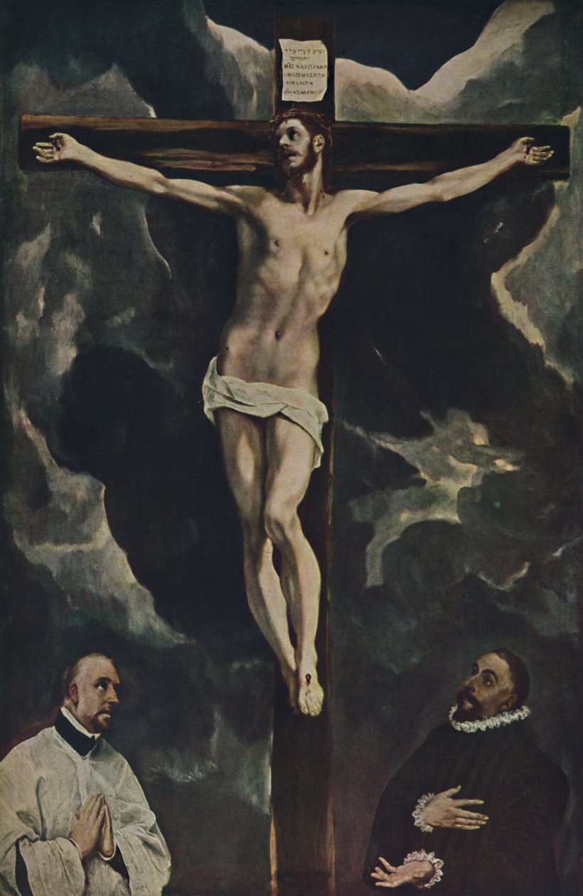Chrystus na krzyżu z dwoma darczyńcami, Chrystus na krzyżu uwielbiony przez darczyńców, c1590, 1938 autorstwa El Greco