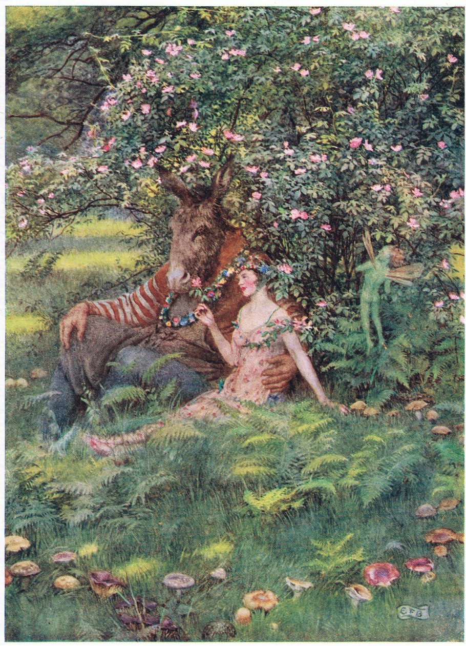 Bottom and Titania: „Chodź, usiądź na tym kwiecistym łóżku” (lito) autorstwa Eleanor Fortescue Brickdale