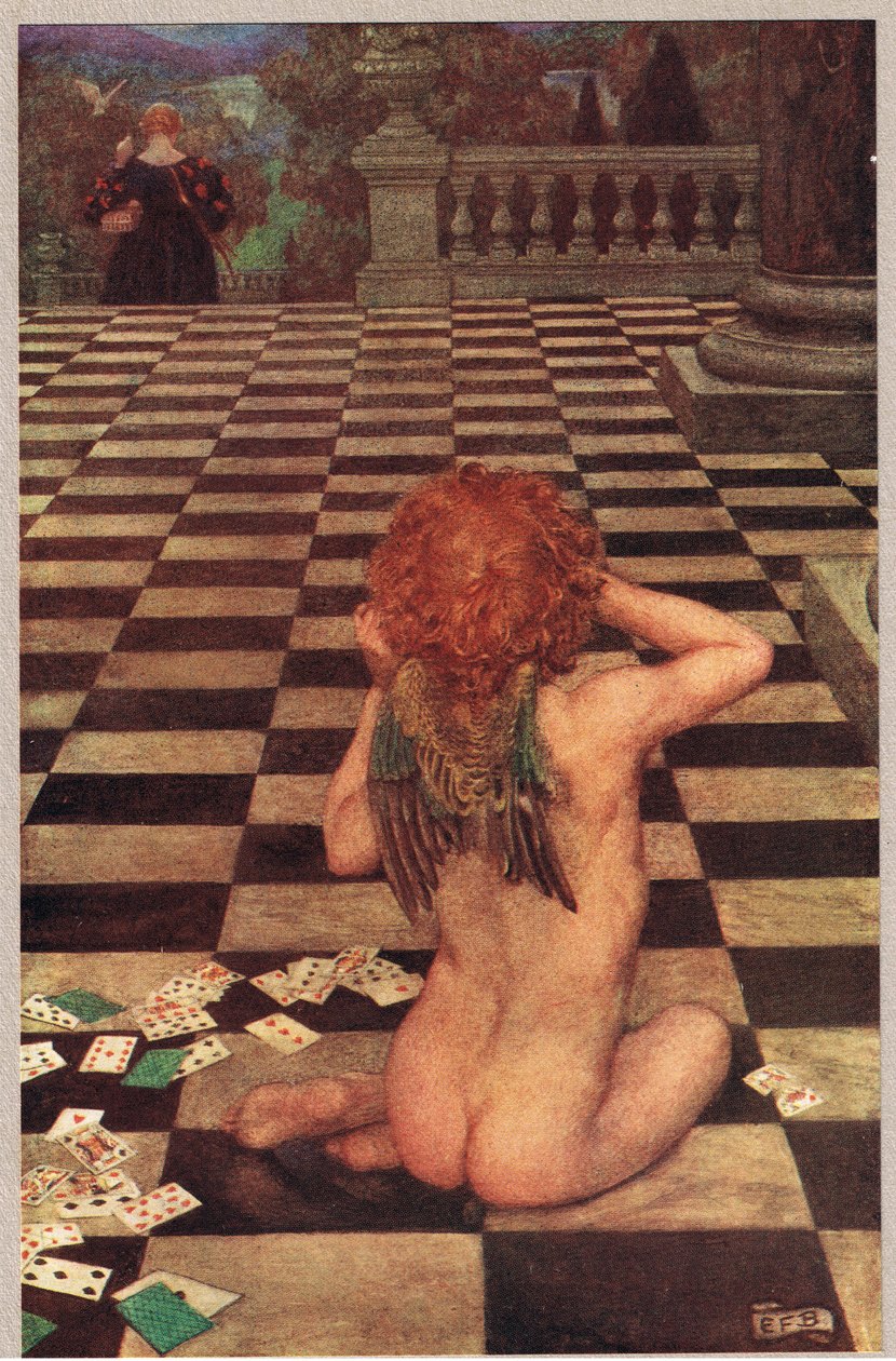 Kupidyn i Campaspe, ilustracja z „Księgi staroangielskich pieśni i ballad”, wydanej przez Hoddera i Stoughtona, ok. 1910 (kolor litho) autorstwa Eleanor Fortescue Brickdale