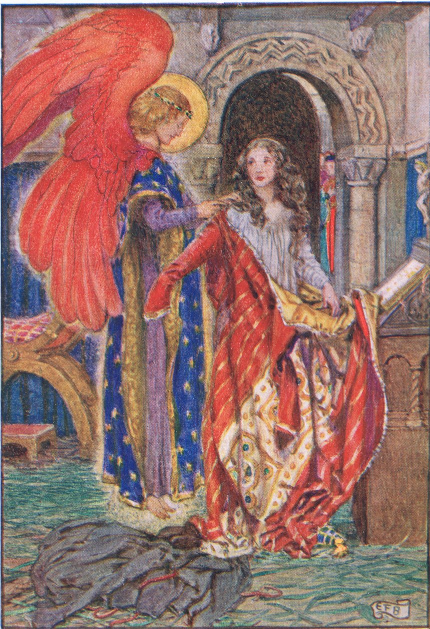 Elżbieta... modliła się do Boga, aby ją ubrał, z „Historii św. Elżbiety Węgierskiej” Williama Cantona (1845-26) 1921 (kolor lito) autorstwa Eleanor Fortescue Brickdale