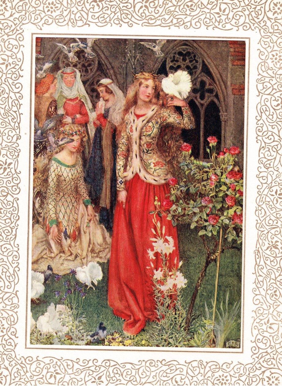 Ginewra i jej damy w złotych czasach, ilustracja z „Idylls of the King” Alfreda Tennysona (1809-92), wydanej przez Hodder & Stoughton autorstwa Eleanor Fortescue Brickdale
