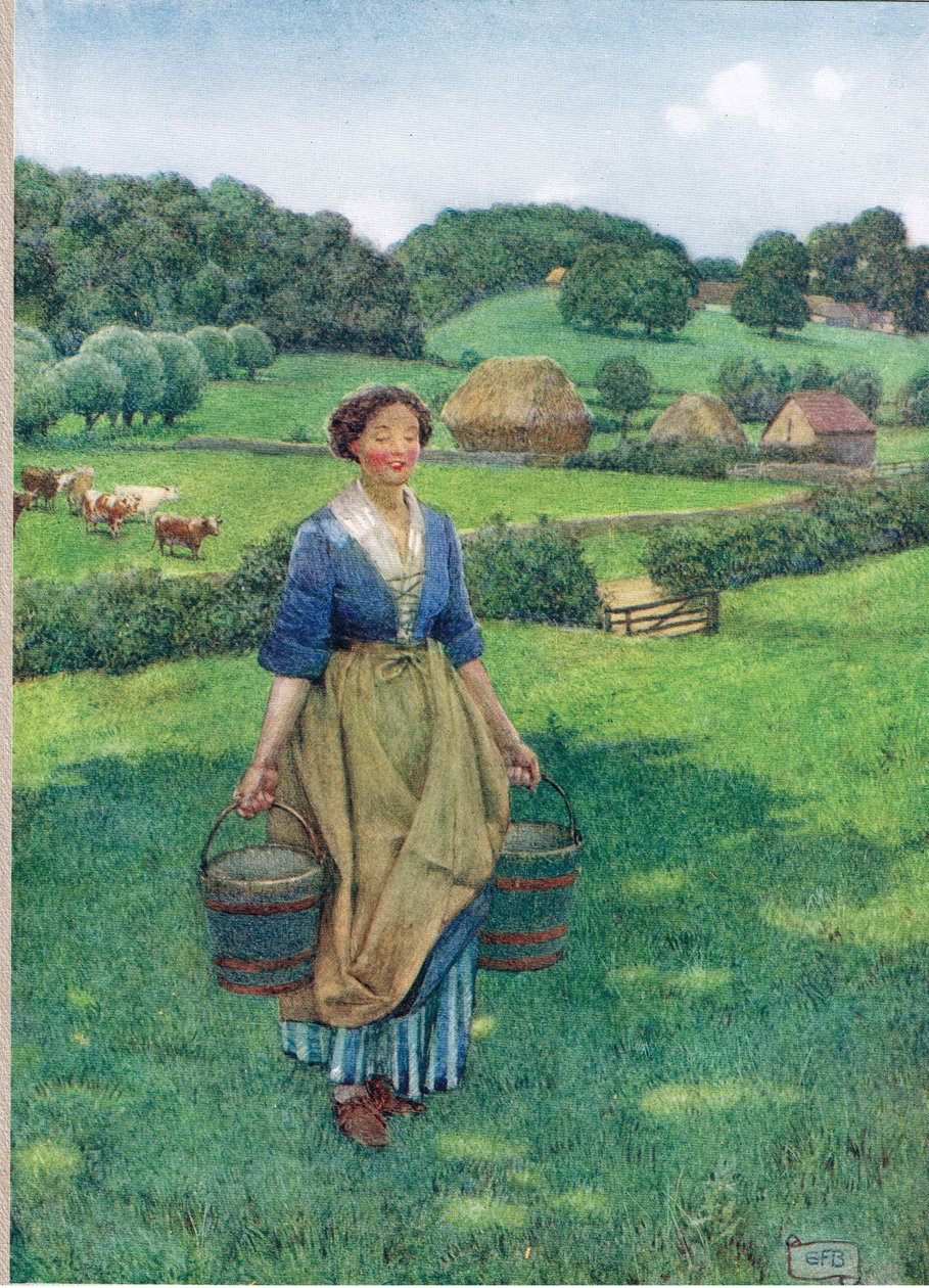 Milkmaid, ilustracja z „Księgi staroangielskich pieśni i ballad”, wydanej przez Hoddera i Stoughtona, ok. 1910 (kolor lito) autorstwa Eleanor Fortescue Brickdale