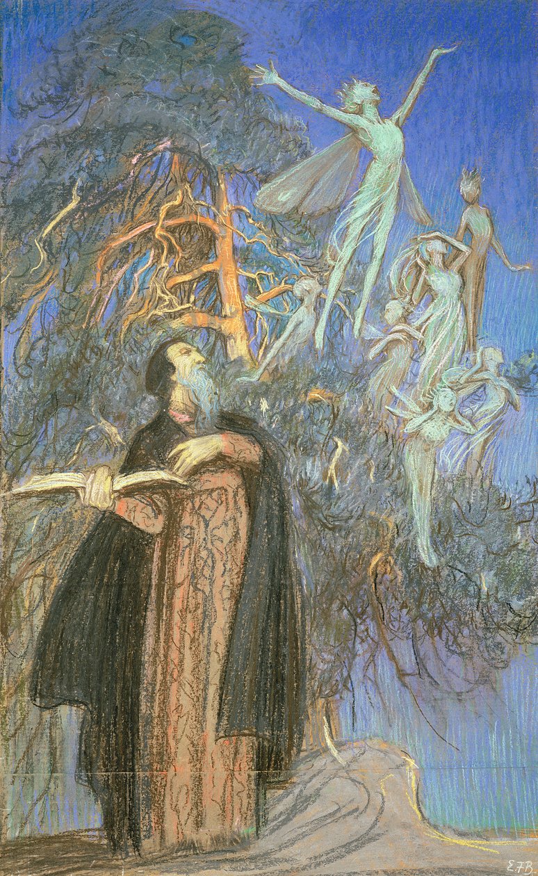 Prospero i Ariel, studium do zaginionego obrazu na zlecenie Broadcasting House, Londyn, ok. 1931 (pastel na papierze) autorstwa Eleanor Fortescue Brickdale