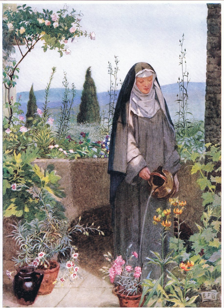 Św. Klara w ogrodzie założonego przez siebie klasztoru (lito) autorstwa Eleanor Fortescue Brickdale