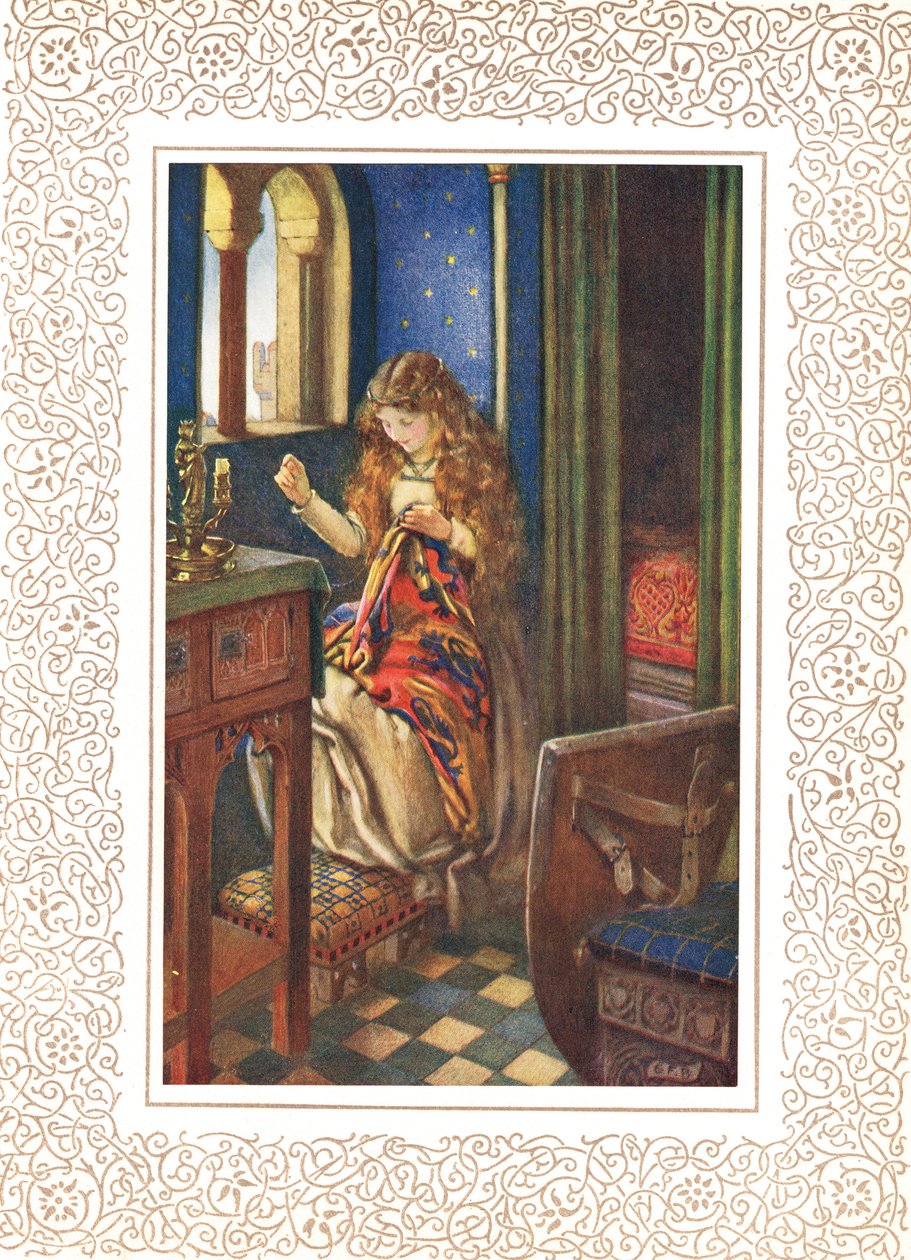 The Lily Maid of Astolat, inaczej zwana Panią Shalott, ilustracja z „Idylls of the King” Alfreda Tennysona (1809-92), wydanej przez Hodder & Stoughton autorstwa Eleanor Fortescue Brickdale