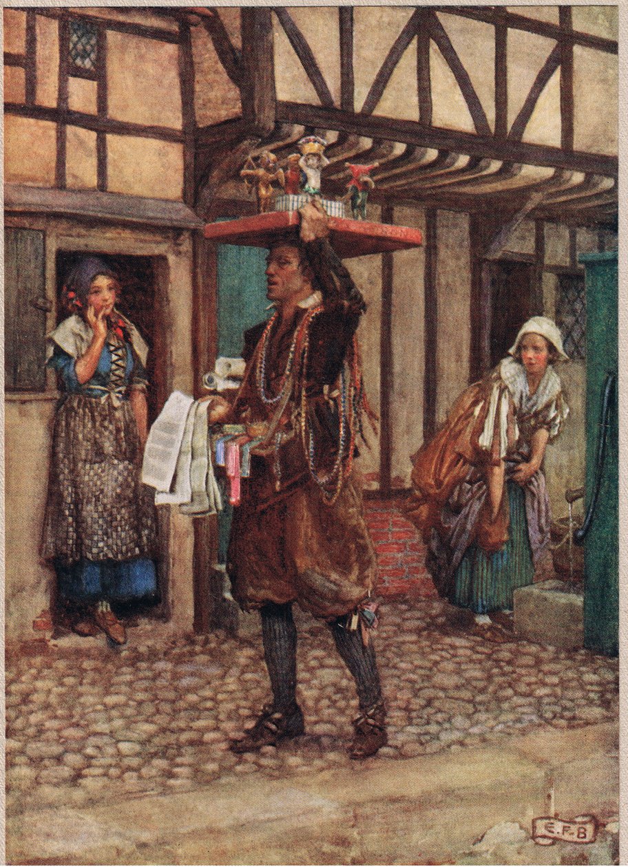 Pedlar, ilustracja z „Księgi staroangielskich pieśni i ballad” wydanej przez Stoddera i Houghtona, ok. 1910 (kolor lito) autorstwa Eleanor Fortescue Brickdale