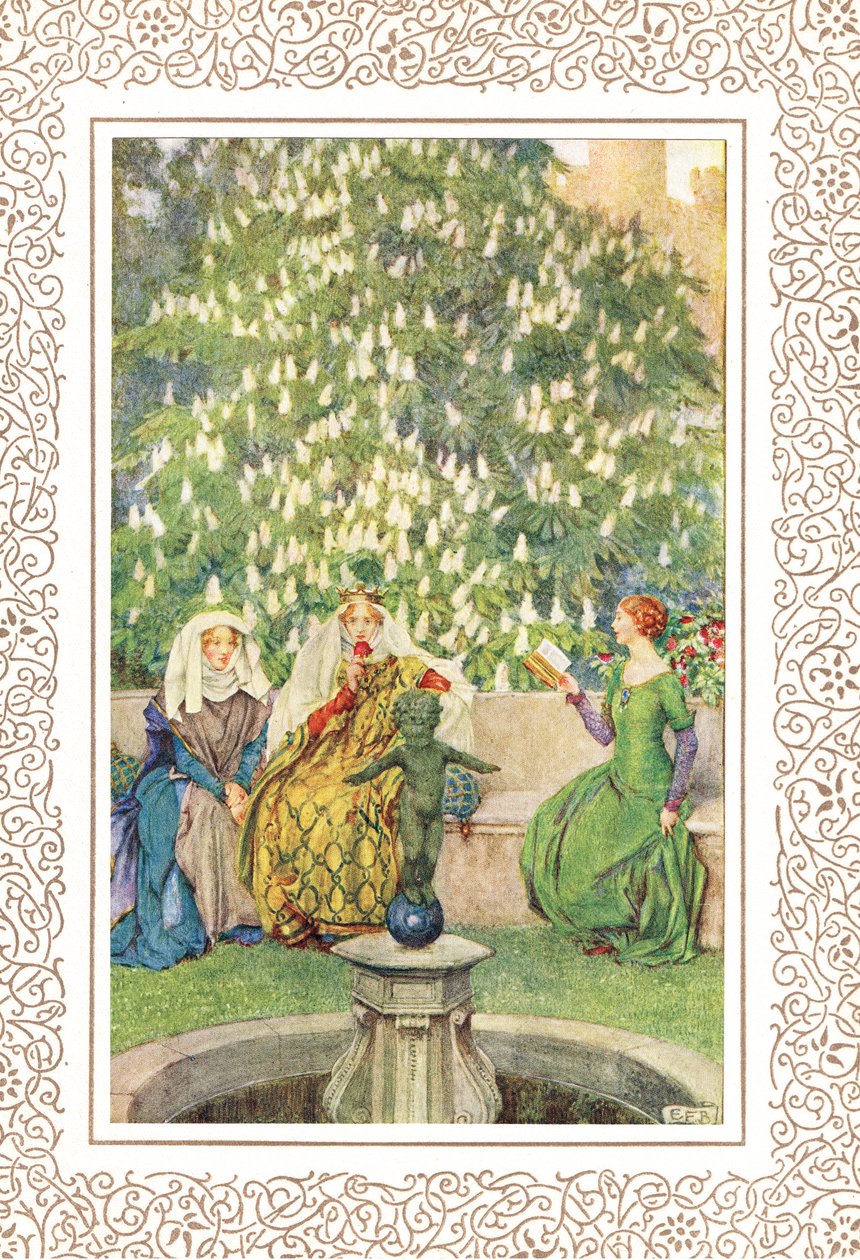 Królowa, która siedziała między swoją najlepszą Enid i smukłą Vivien..., ilustracja z „Idylls of the King” Alfreda Tennysona (1809-92), wydanej przez Hodder & Stoughton autorstwa Eleanor Fortescue Brickdale