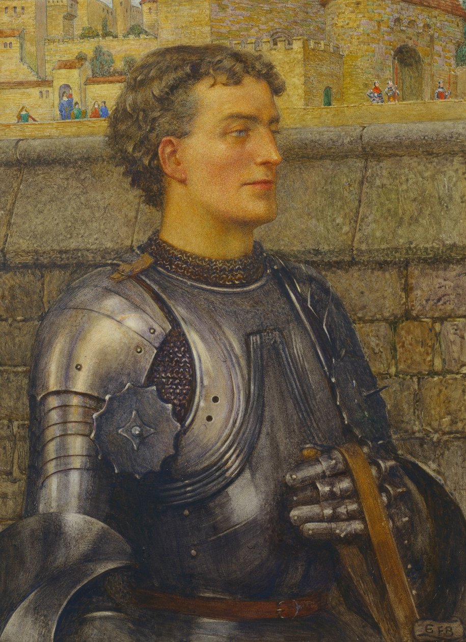 „Sir Lancelot najpierw został ambasadorem, by ją zabrać, a ona wzięła go za króla” (ołówek, akwarela i farba do ciała na papierze) autorstwa Eleanor Fortescue Brickdale