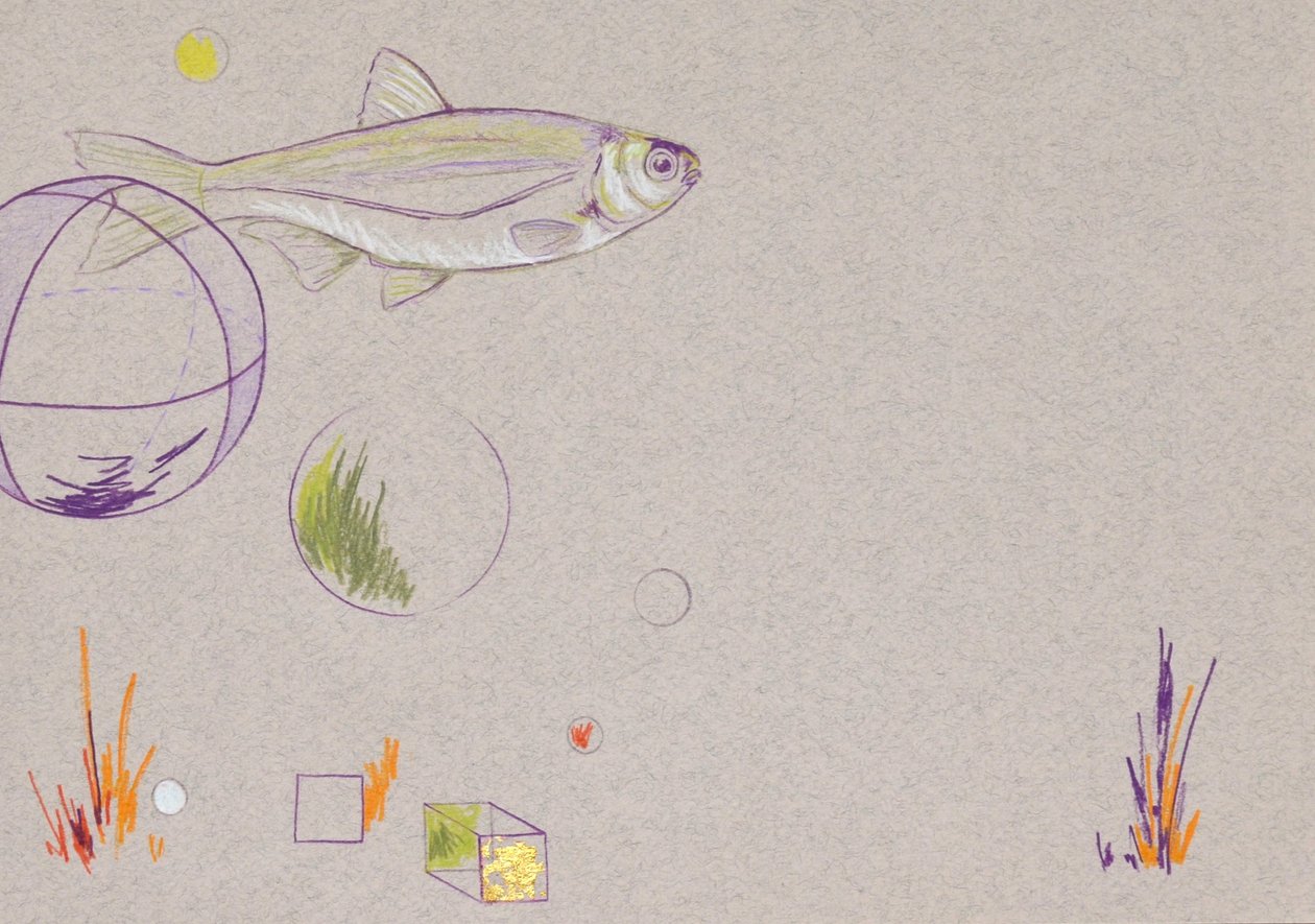 Floating, 2014 (ołówek akwarelowy i złoty liść na papierze) autorstwa Eleanor Grafton