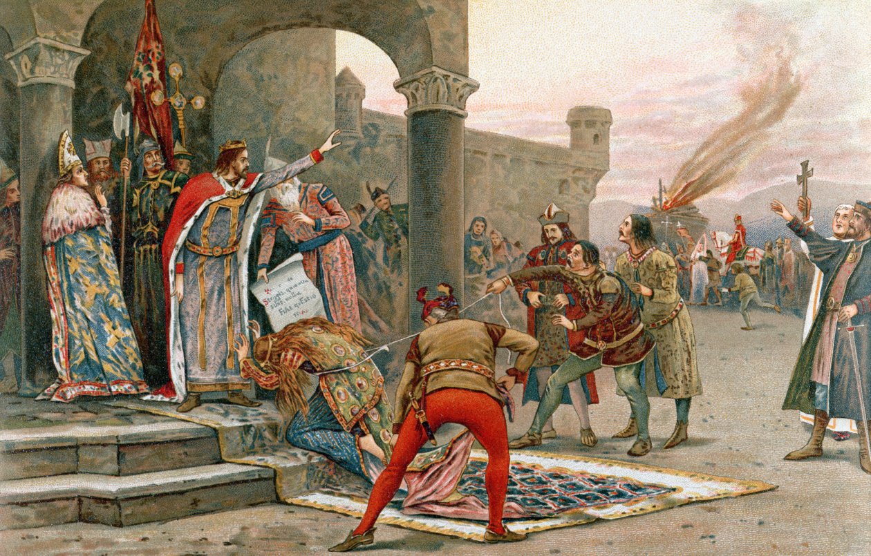Kalman I (1068-1116), król Węgier, zakaz palenia czarownic (chromolitho) autorstwa Elek Benedek