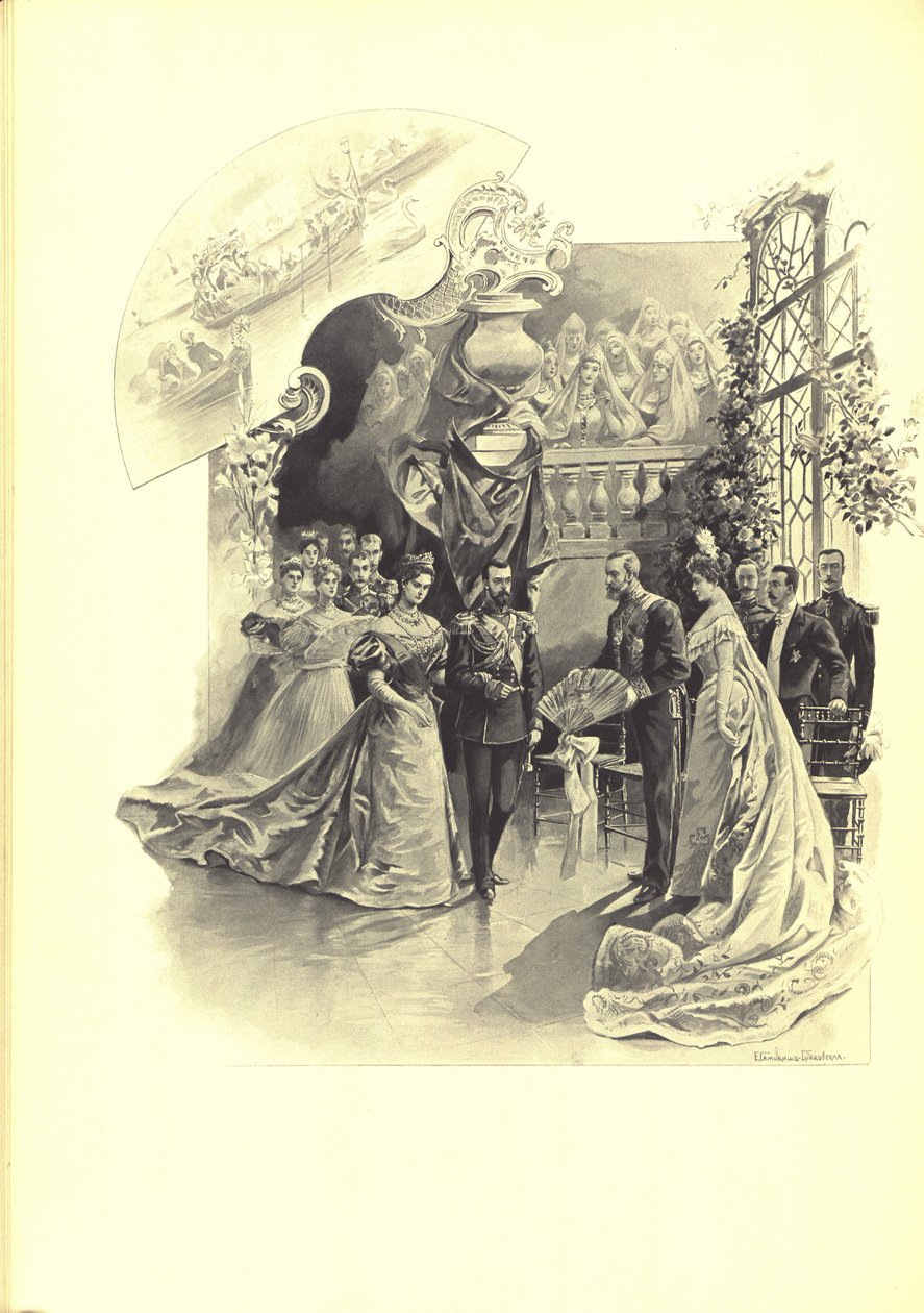 Aleksandra Fiorodowna i Mikołaj II podczas uroczystego przyjęcia w ambasadzie francuskiej, 1899 autorstwa Elena Petrovna Samokish Sudkovskaya