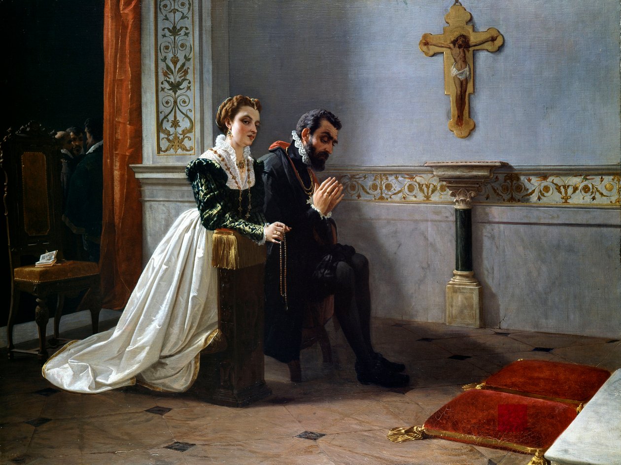 Bianca Cappello i Francois I de Medici (1541-1587) (Francesco Primo I de Medici) modlą się przed krucyfiksem (olej na płótnie) autorstwa Eleuterio Pagliano