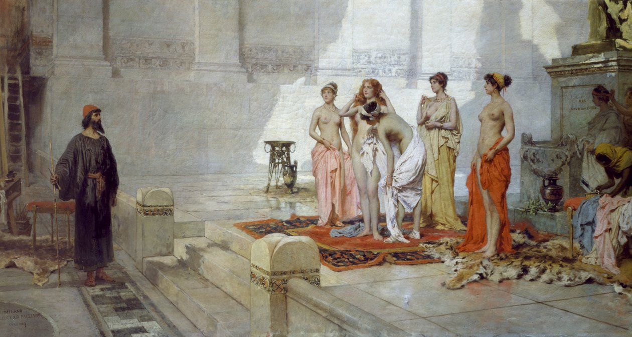 Zeuxis i dziewczęta z Krotonu, Eleuterio Pagliano (1826-1903), olej na płótnie autorstwa Eleuterio Pagliano