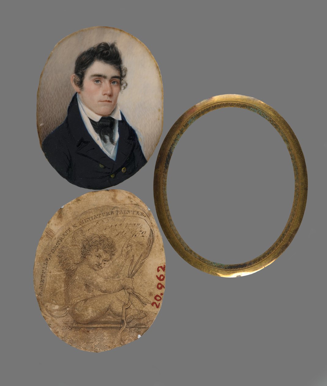 Portret Johna Hasletta MD, c.1822 (toaleta na portrecie z kości słoniowej, drukowana wizytówka (papier podkładowy) i mosiężna wkładka i soczewka) autorstwa Eliab Metcalf