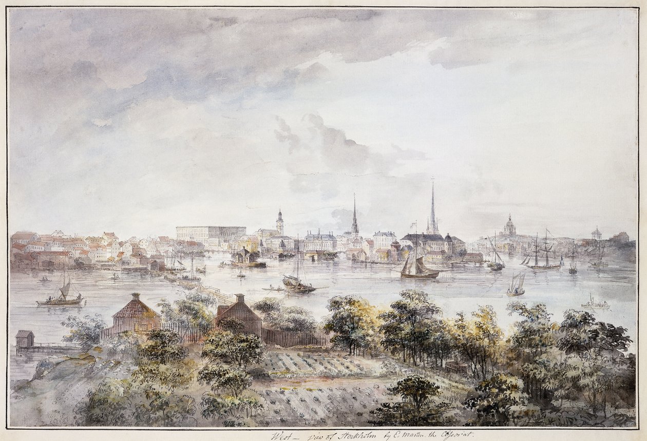 Widok Sztokholmu z Kungsholmen z Pałacem Królewskim i Storkyrkan, Tyskakyrkan, Katarinakyrka i Riddarholmskyrkan, autorstwa Elias Martin