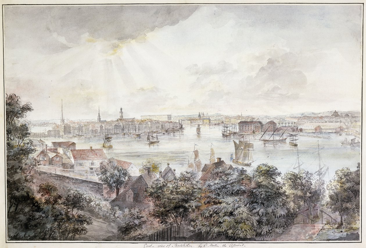 Widok Sztokholmu z Soderu z Pałacem Królewskim, Storkyrkan, Riddarholmskykan i Tskakykan, autorstwa Elias Martin