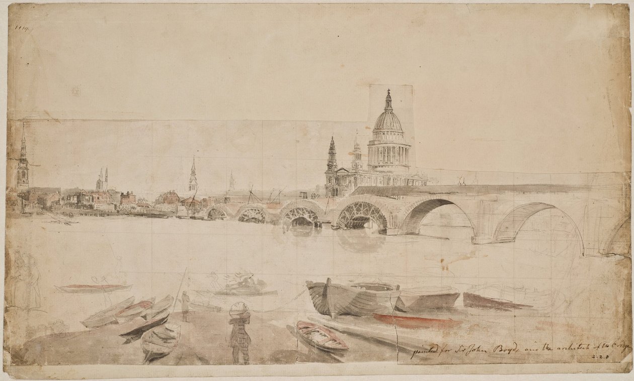 London Bridge i katedra św. Pawła widziane z brzegu Tamizy autorstwa Elias Martin