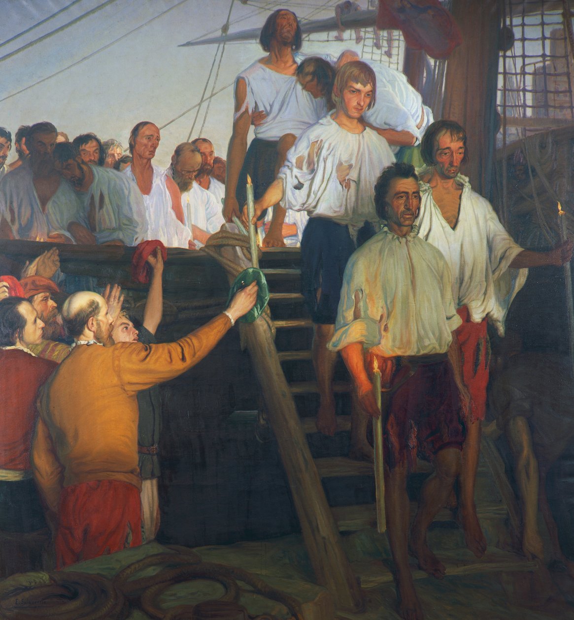 Juan Sebastian Elcano i jego załoga, malowanie autorstwa Elias Salaverria Inchaurrandieta