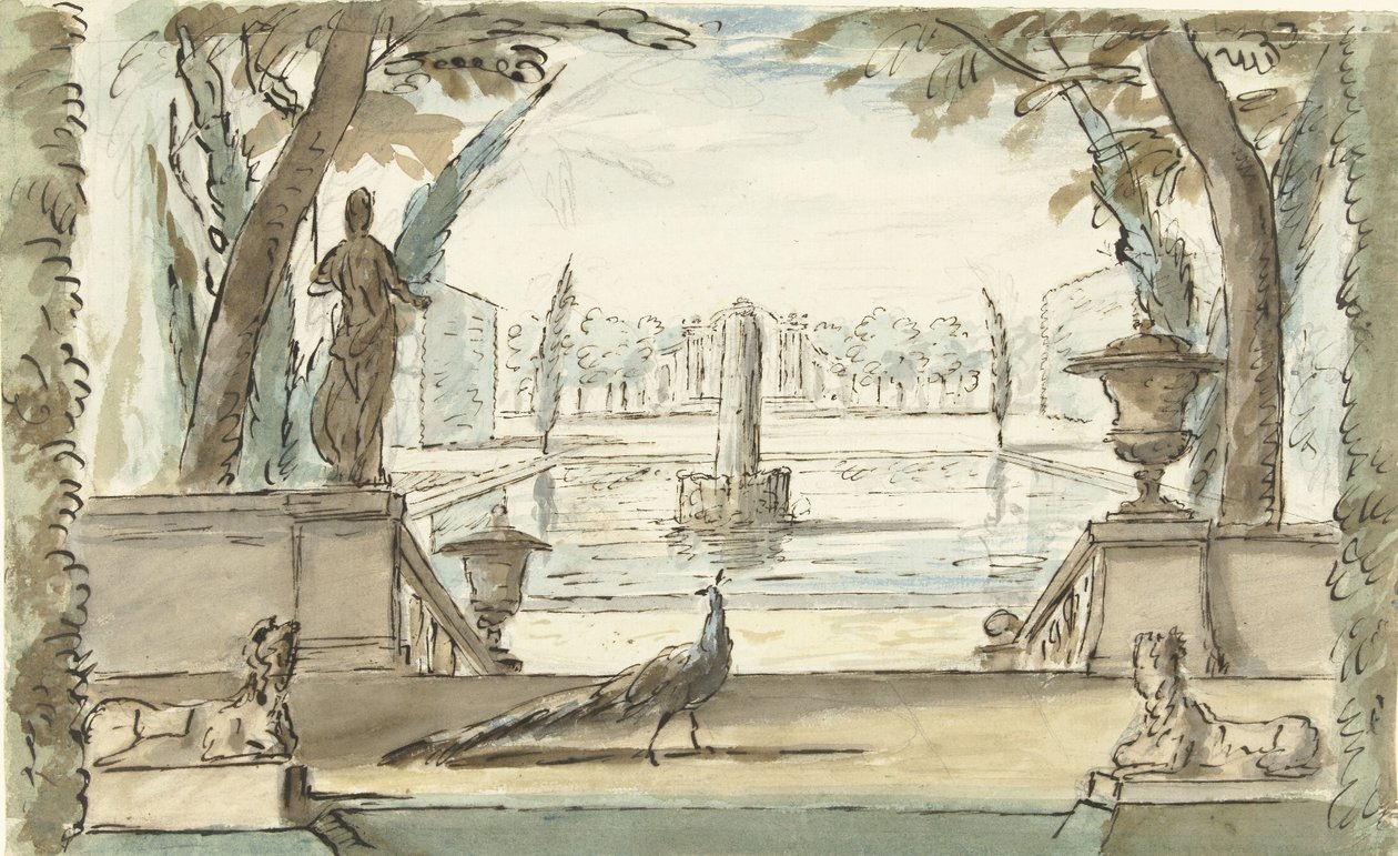 Widok w ogrodzie ze stawem, fontanną i pawiem autorstwa Elias van Nijmegen