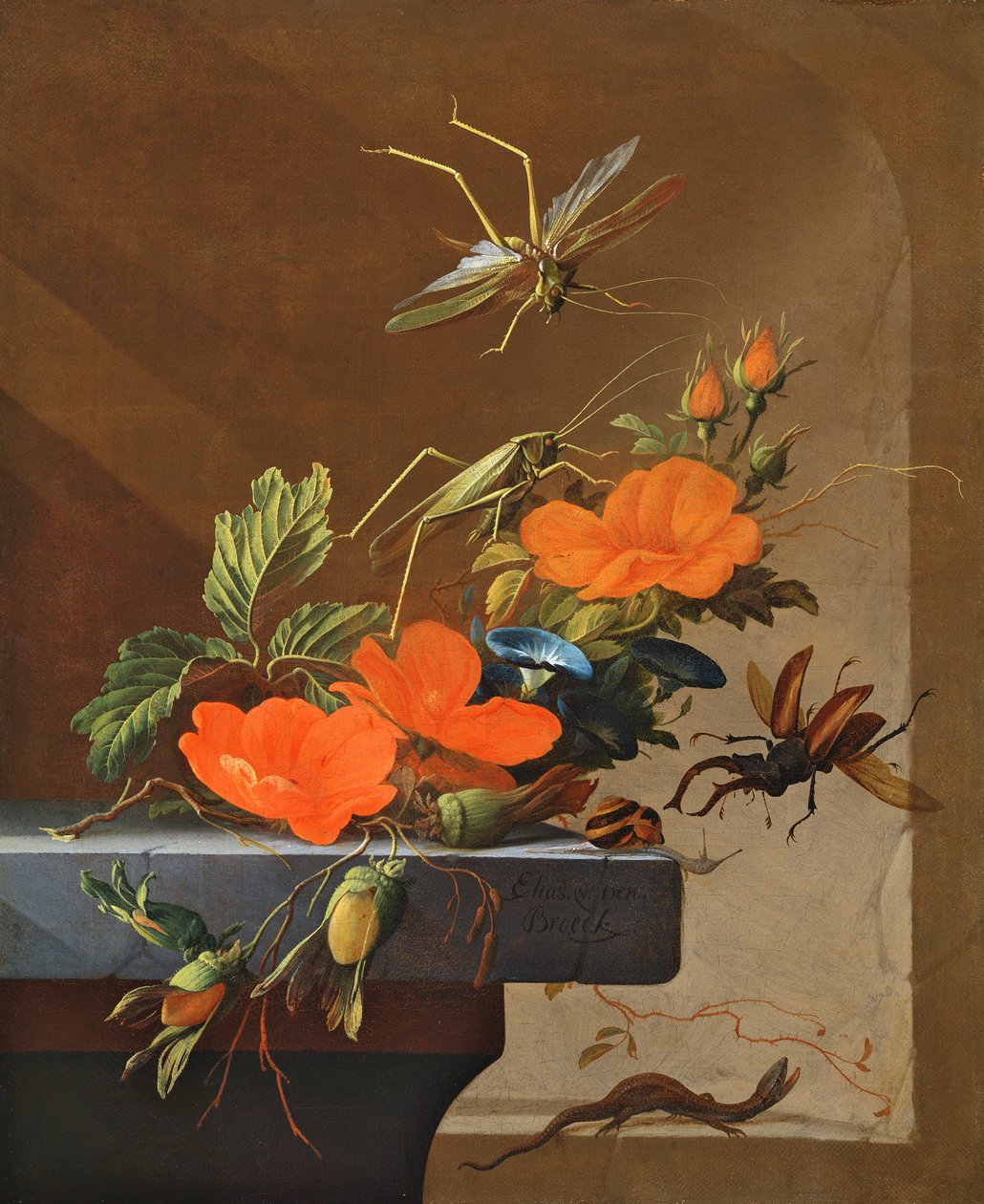 Bukiet róż, Morning Glory i orzechów laskowych z konikami polnym, jelonkiem i jaszczurką autorstwa Elias van den Broeck