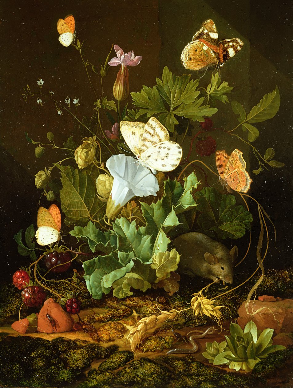 Martwa natura leśnej podłogi z kwiatami, myszką i motylami autorstwa Elias van den Broeck