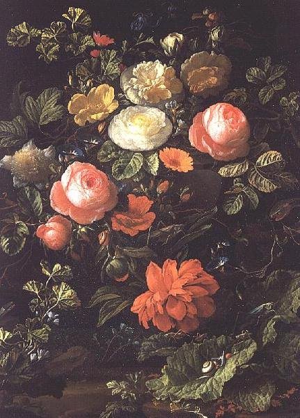 Martwa natura z różami, owadami i ślimakami autorstwa Elias van den Broeck