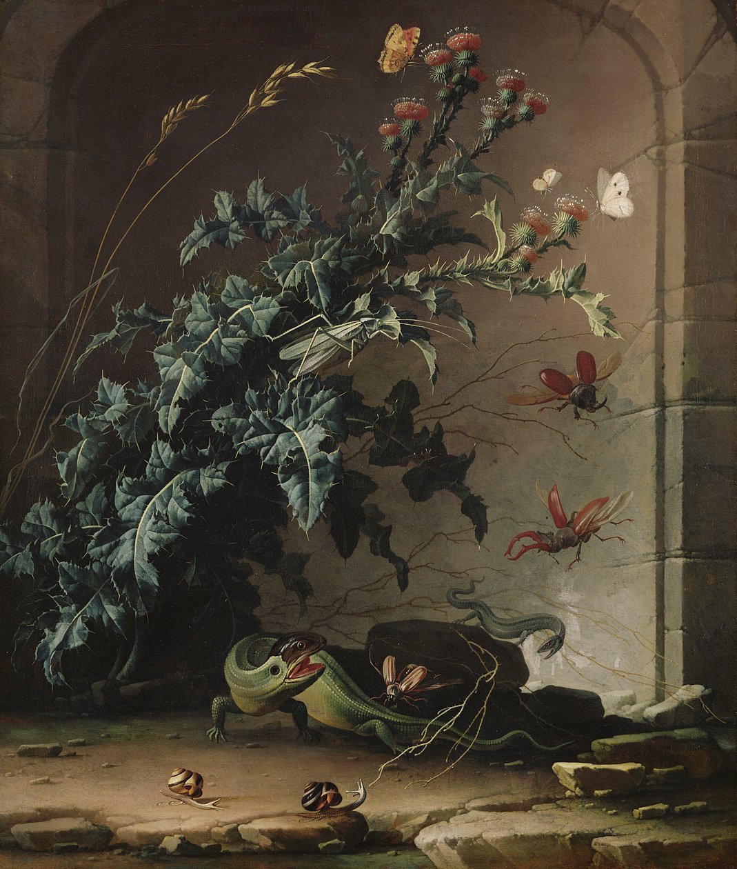 Kamienna nisza z osetem, jaszczurką i owadami, 1690 autorstwa Elias van den Broeck