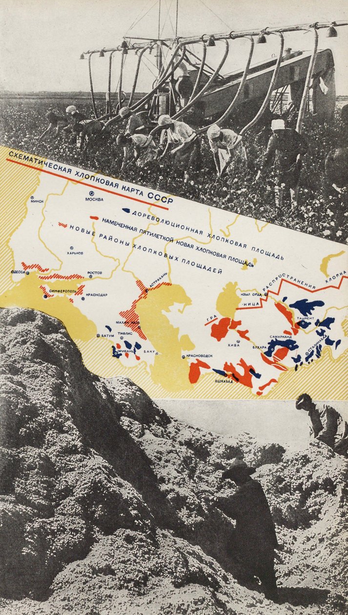 Hodowla bawełny. Ilustracja z ZSRR buduje socjalizm, 1933. autorstwa Eliezer Markowich Lissitzky