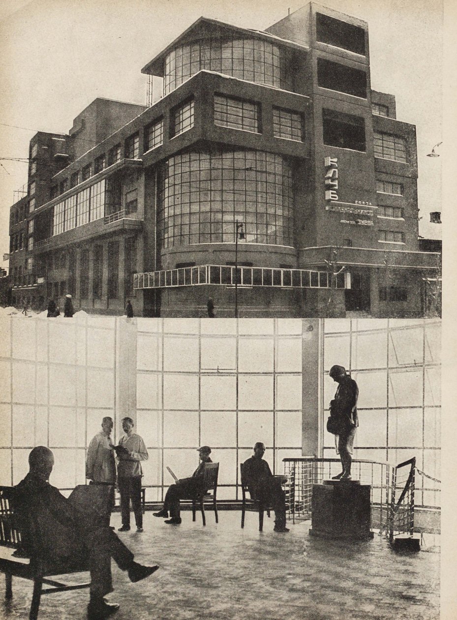Klub Robotników Zujewa w Moskwie. Ilustracja z ZSRR buduje socjalizm, 1933. autorstwa Eliezer Markowich Lissitzky