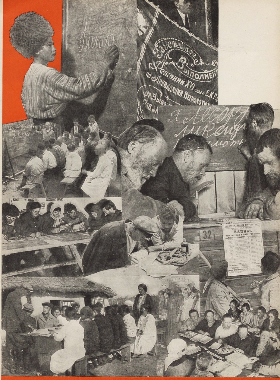 Walka z analfabetyzmem. Ilustracja z ZSRR buduje socjalizm, 1933. autorstwa Eliezer Markowich Lissitzky