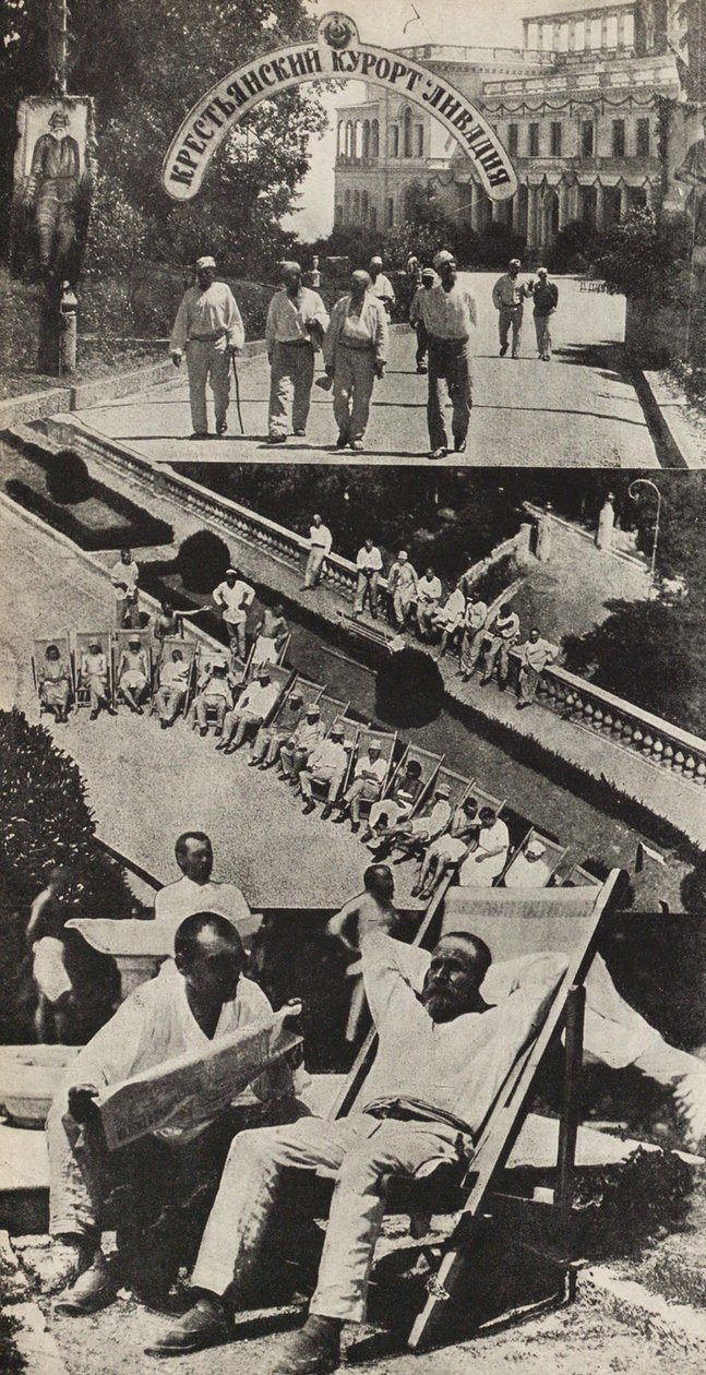 Odzyskiwanie zdrowia pracowników. Ilustracja z ZSRR buduje socjalizm, 1933. autorstwa Eliezer Markowich Lissitzky