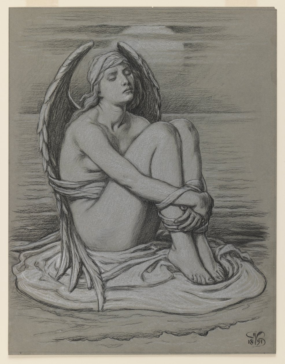 Związany Anioł, 1891 (czarno-biała kreda lub kredka na tkanym papierze) autorstwa Elihu Vedder