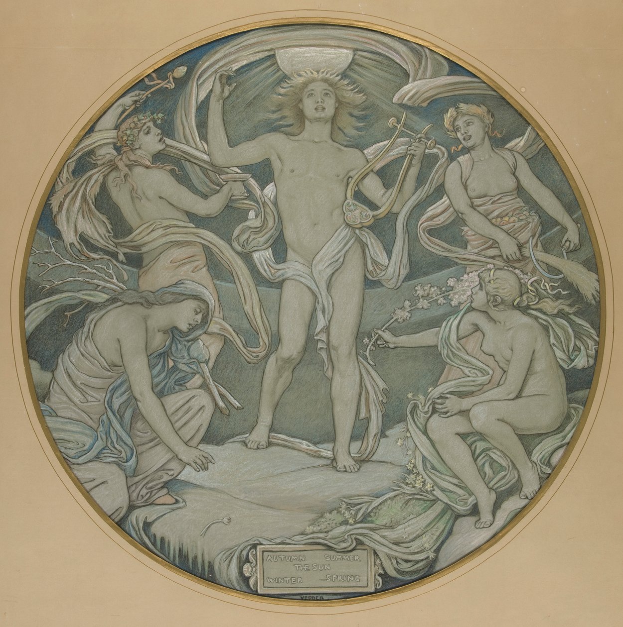 Karykatura środkowego kręgu sufitu Huntington: Apollo i pomocnicy autorstwa Elihu Vedder